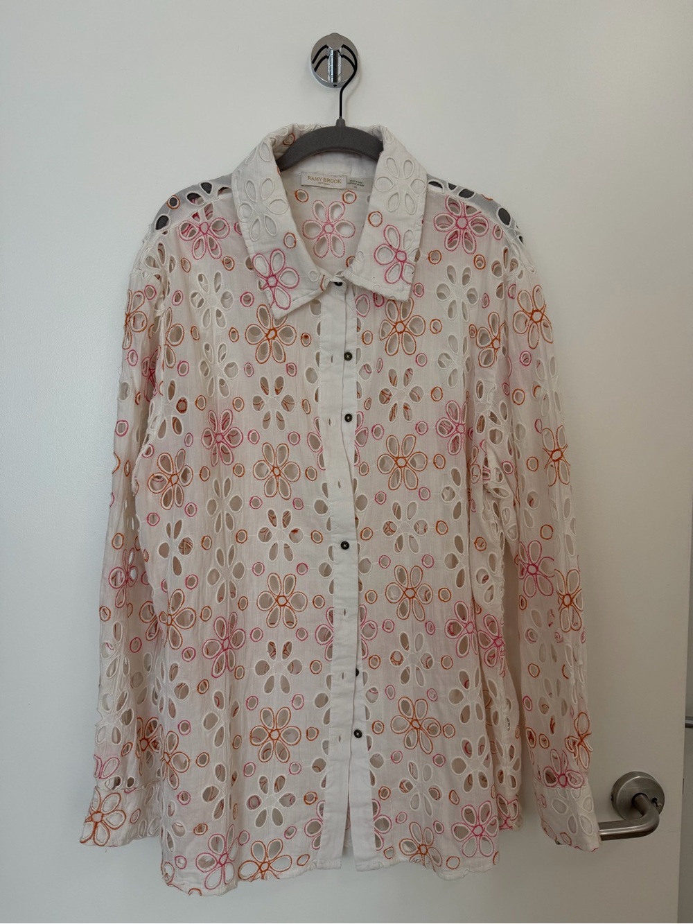 Ramy Brook Eyelet Button-down Shirt with Pink & Orange Floral Embroidery